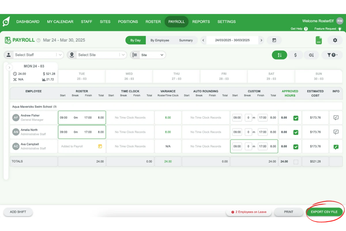Screenshot highlighting the Export CSV File option