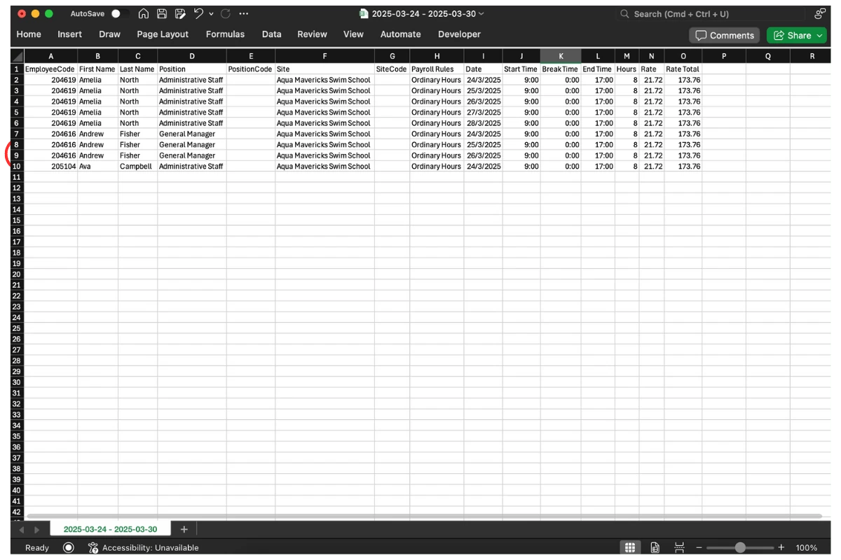 Screenshot showing a sample CSV file