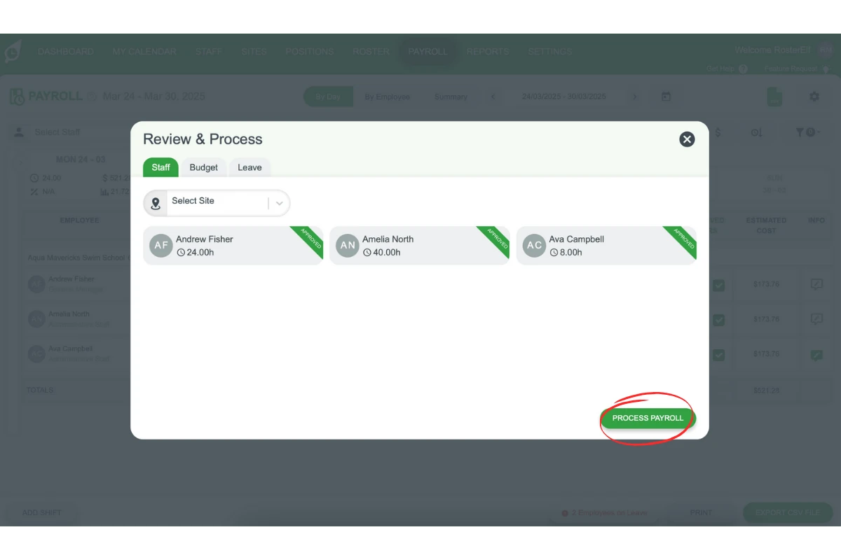Screenshot of the Process Payroll button