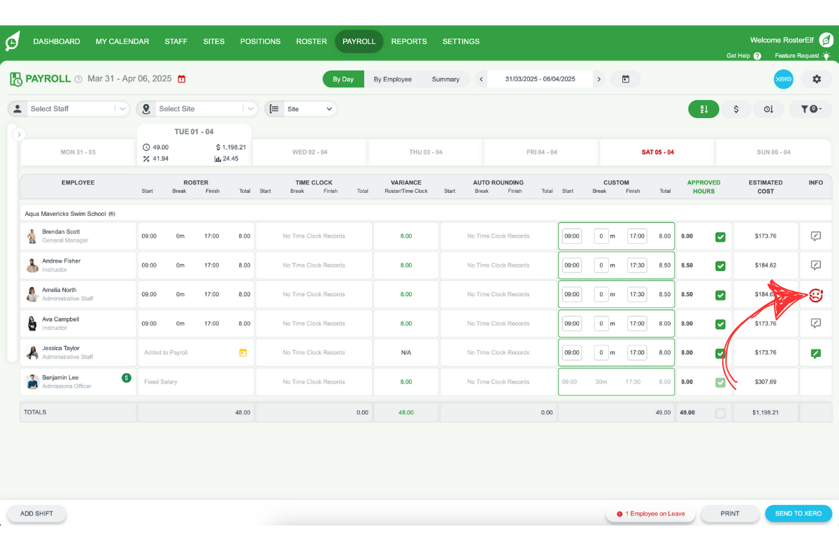 Payroll screen highlighting a shift with No Time Clock Records and a sick emoticon