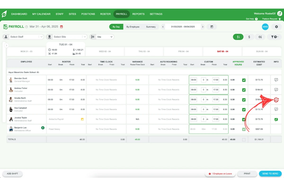 Payroll screen highlighting a shift with No Time Clock Records and a sick emoticon