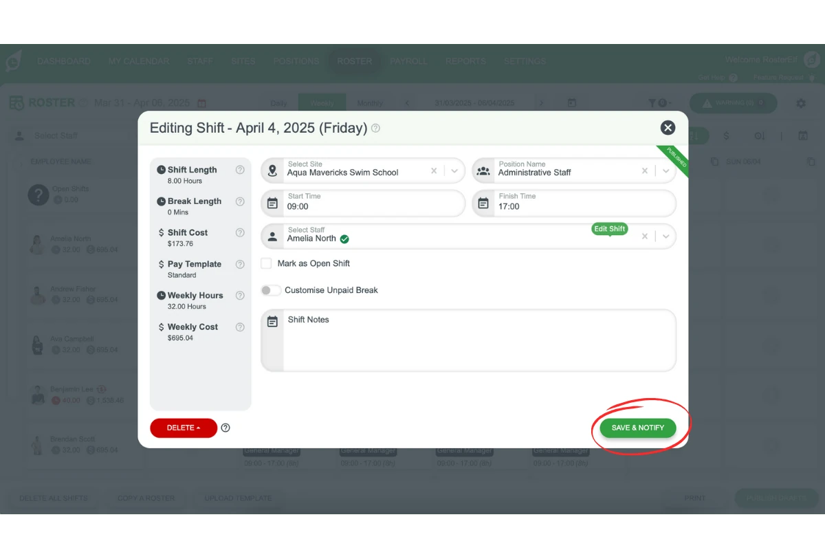 Screenshot of Publish Now button in RosterElf