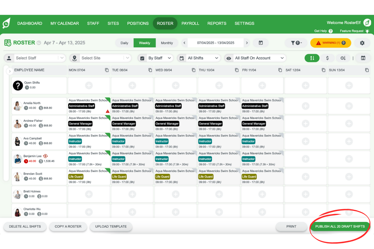Screenshot of Publish Drafts button in RosterElf
