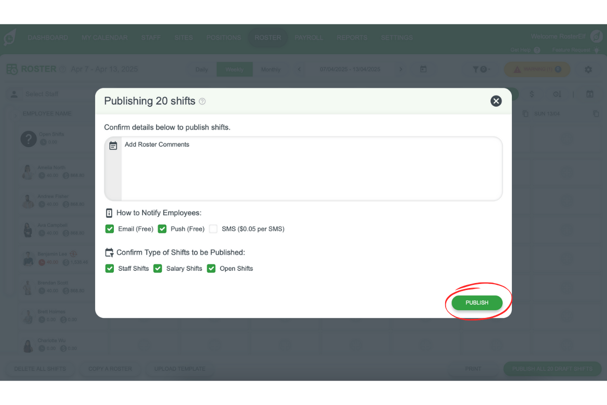 Screenshot of the Publish Shifts modal in RosterElf