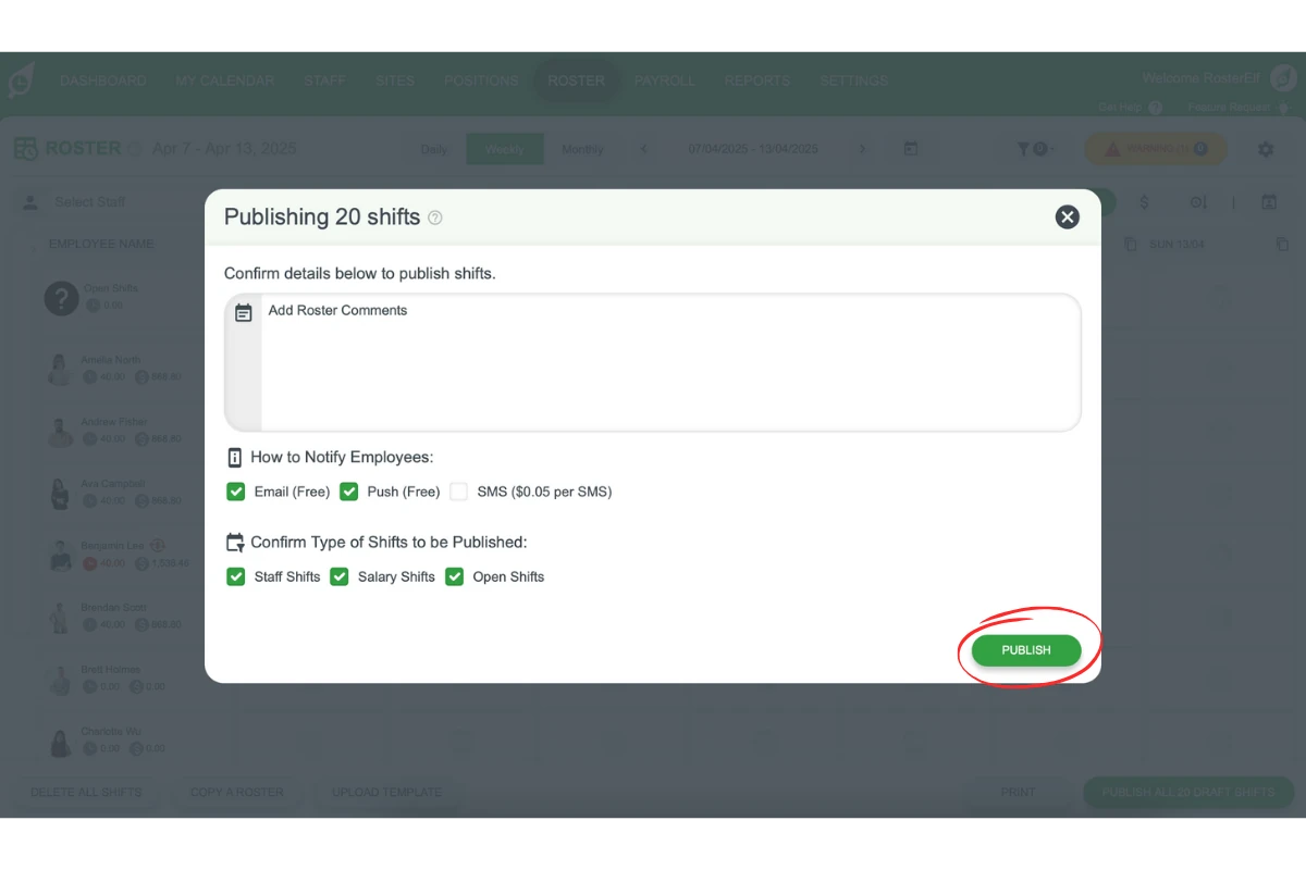 Screenshot of the Publish Shifts modal in RosterElf