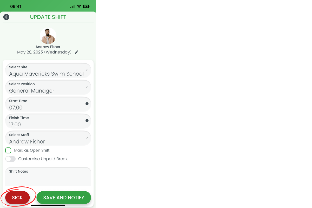 Sick button highlighted at bottom-left