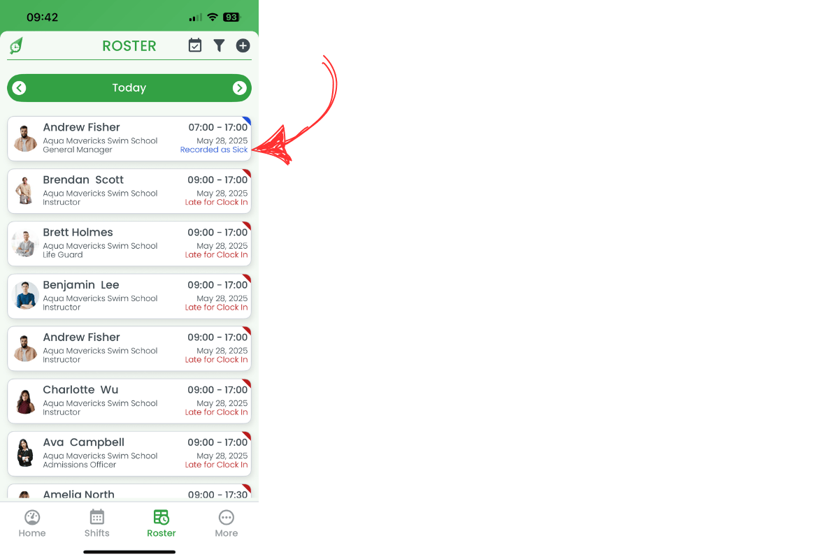 Shift marked as sick with blue banner