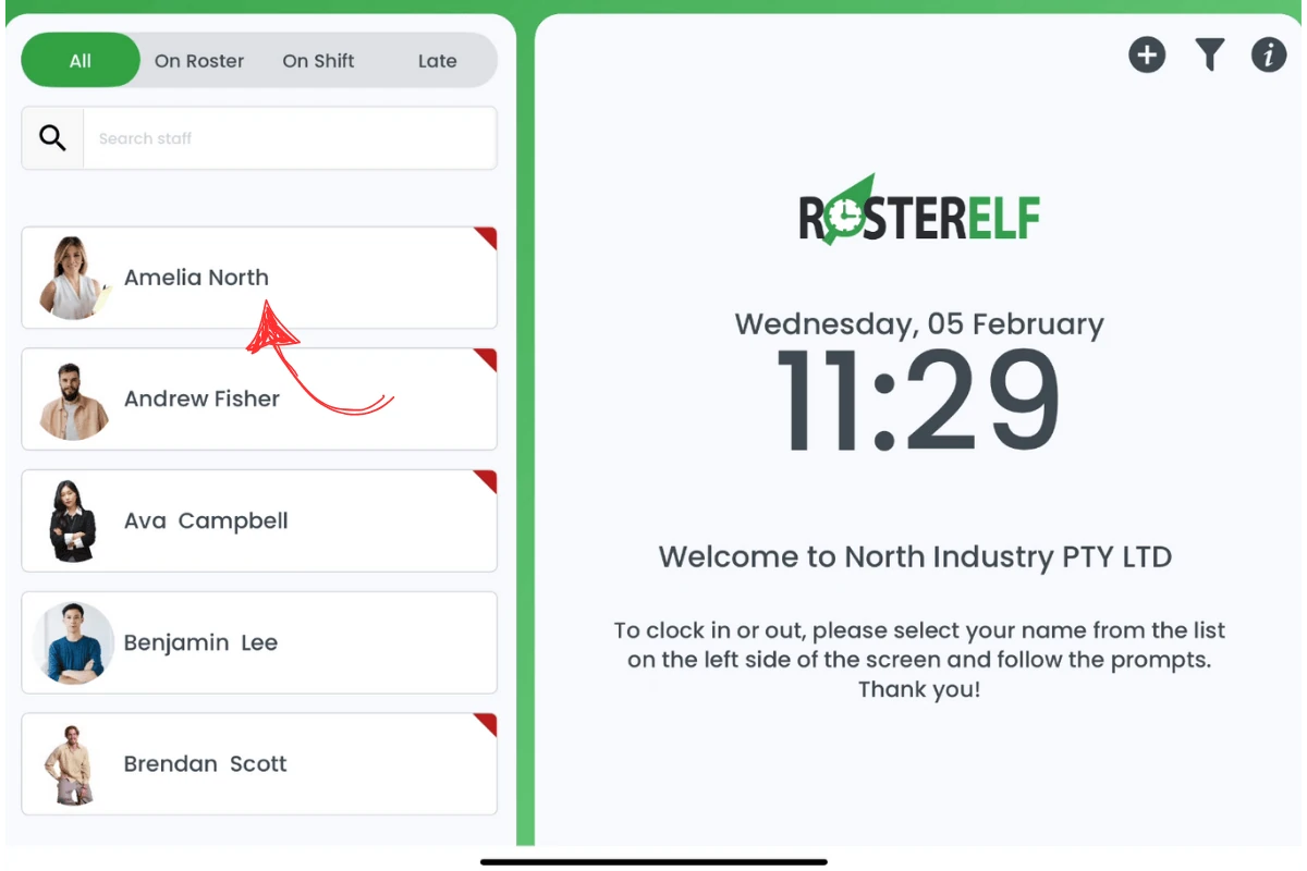 RosterElf Time Clock main view with list of staff on the left