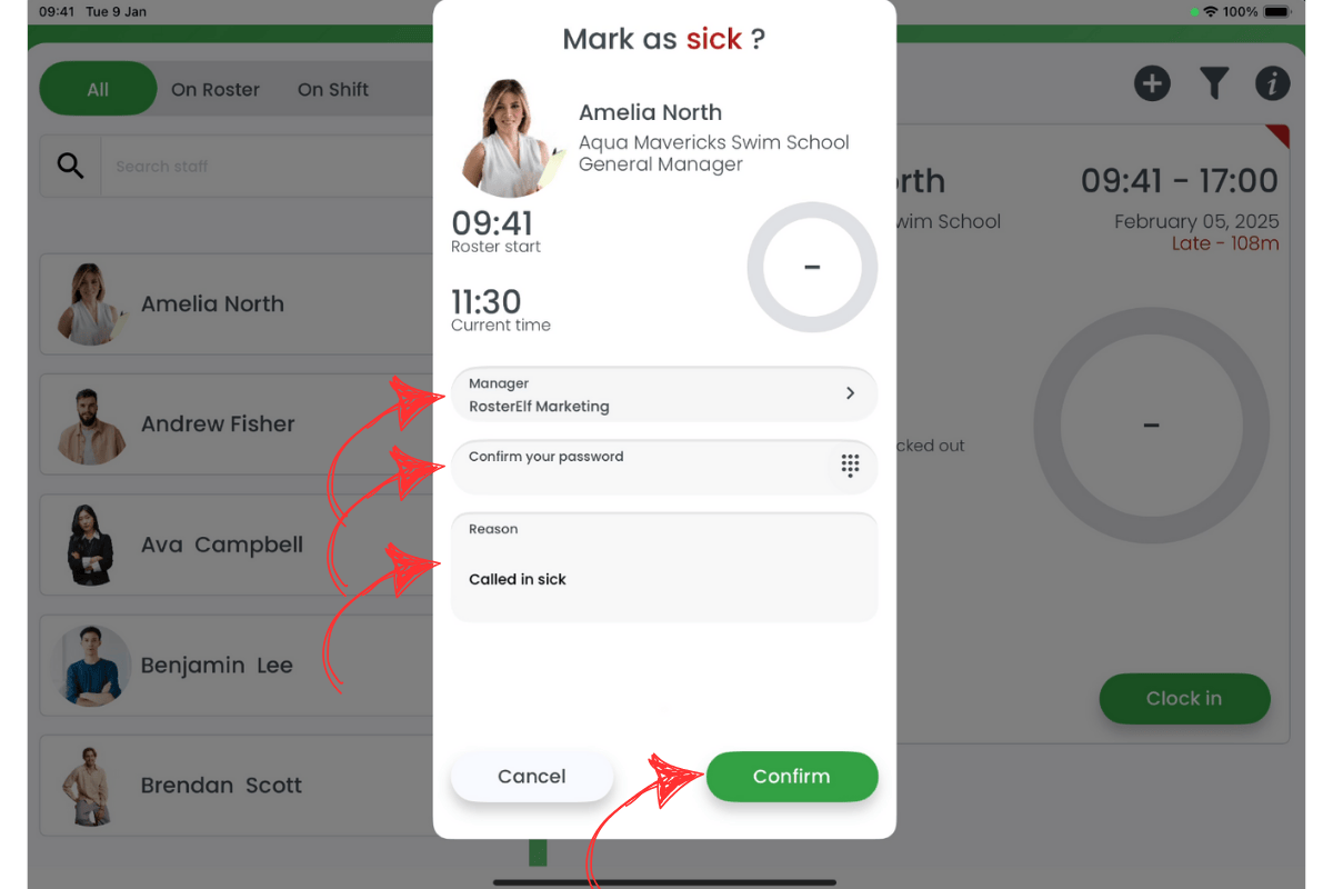 Pop-up modal in RosterElf Time Clock for marking a staff member sick