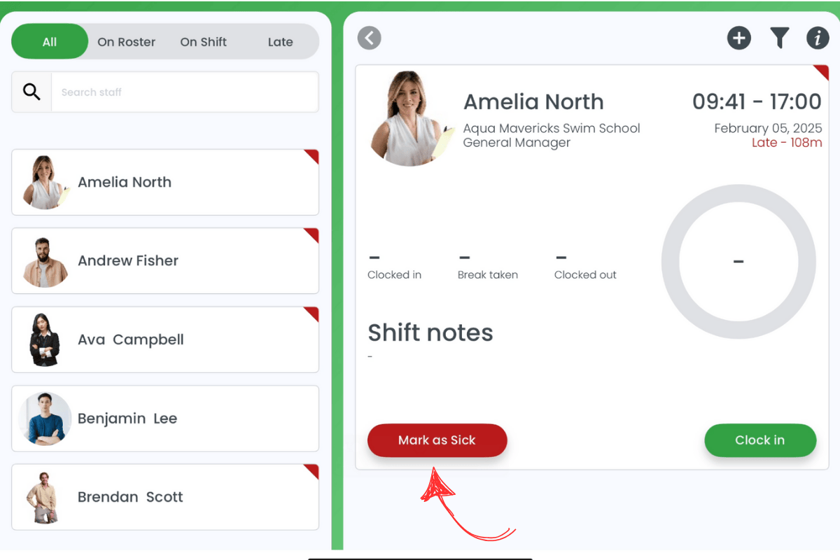 Option to mark a staff member as sick in RosterElf Time Clock