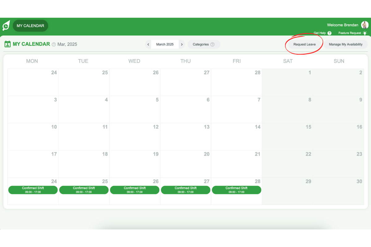 Request Leave button in RosterElf My Calendar tab