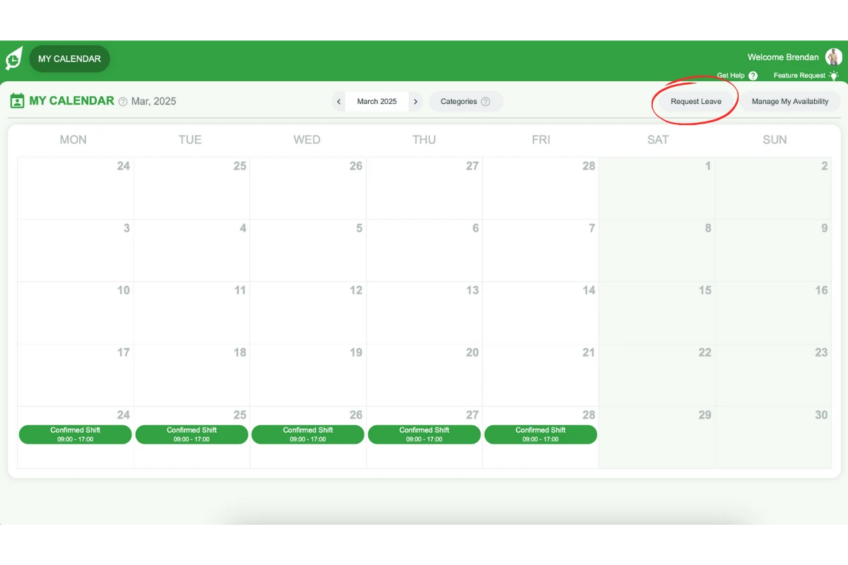 Request Leave button in RosterElf My Calendar tab