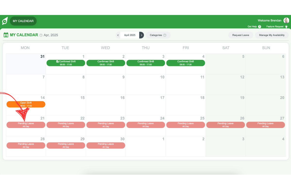 My Calendar view in RosterElf showing a highlighted leave date