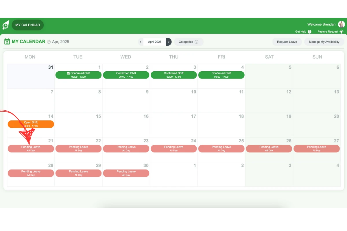 My Calendar view in RosterElf showing a highlighted leave date