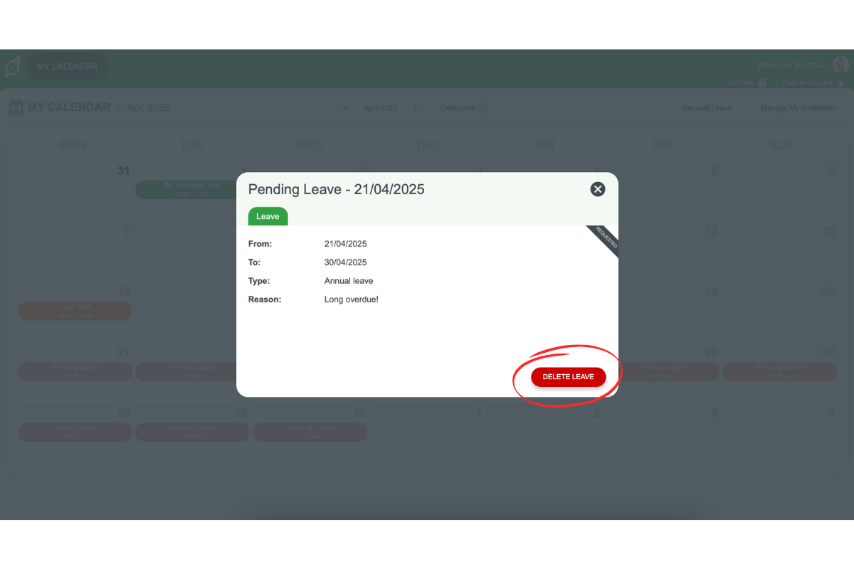 Option to Delete Pending Leave request in RosterElf