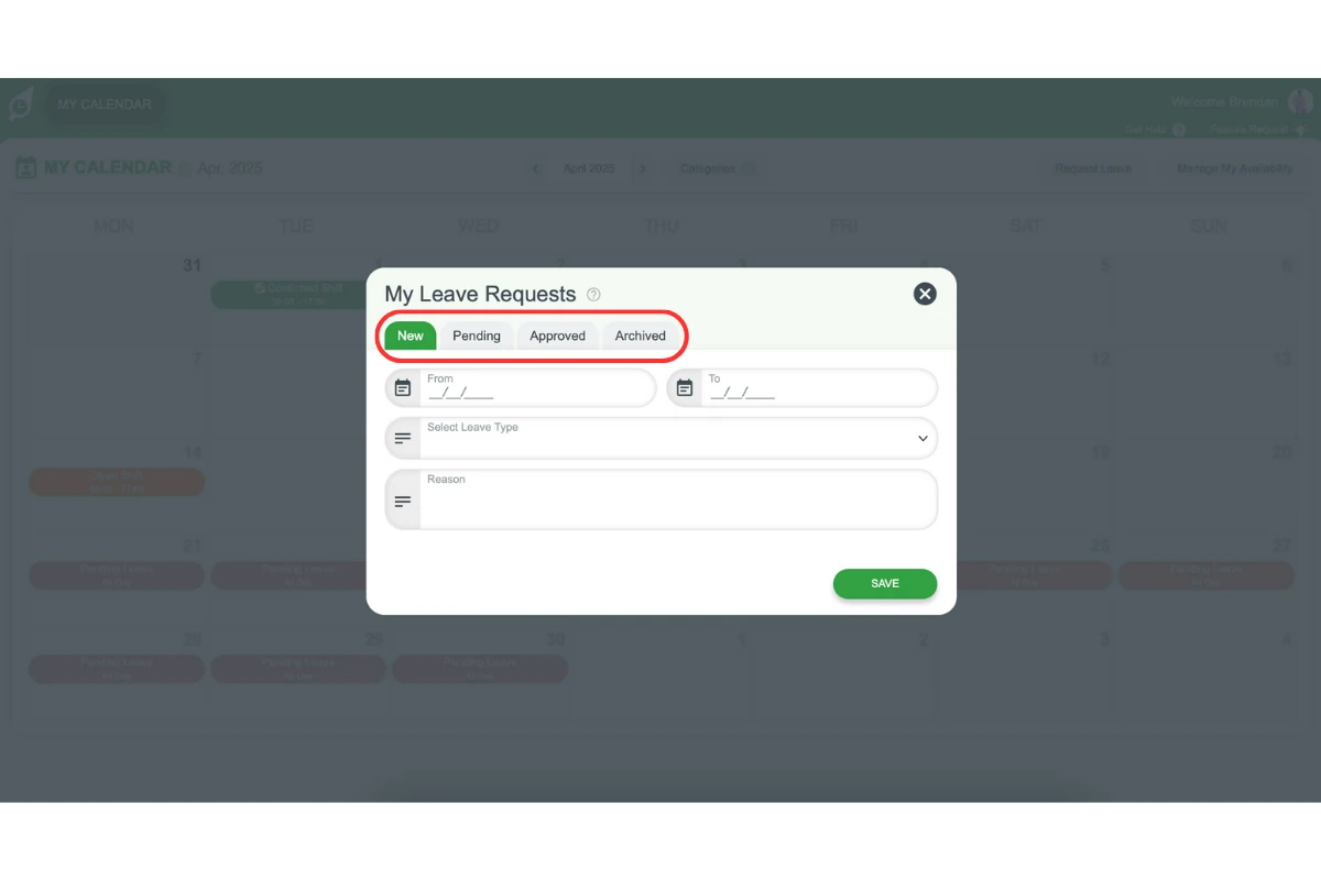 Request Leave modal in RosterElf showing Pending, Approved, and Archived tabs
