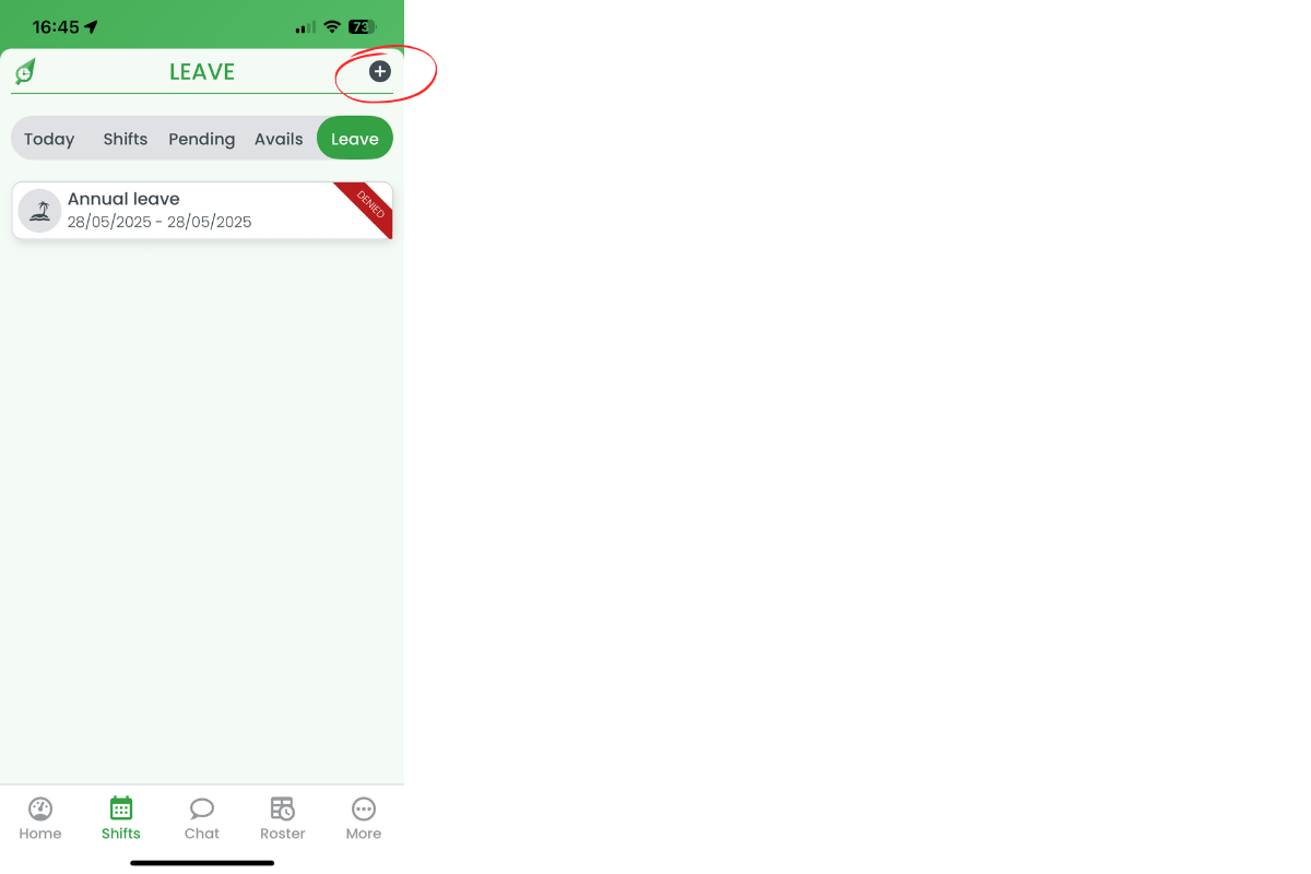 Plus icon circled to add leave request
