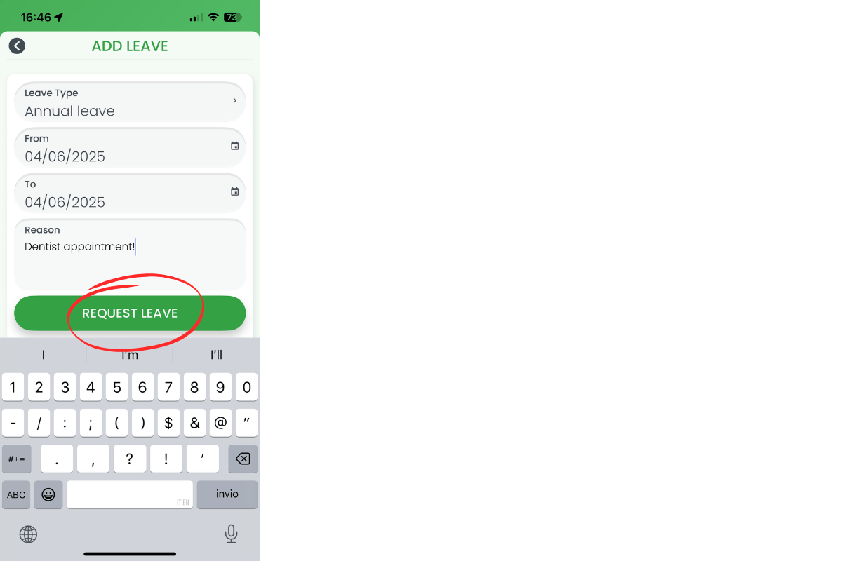 Leave form completed with Request leave button