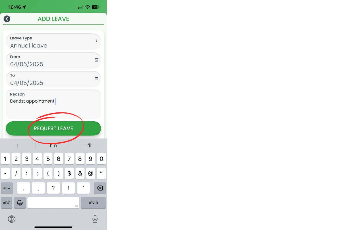 Leave form completed with Request leave button