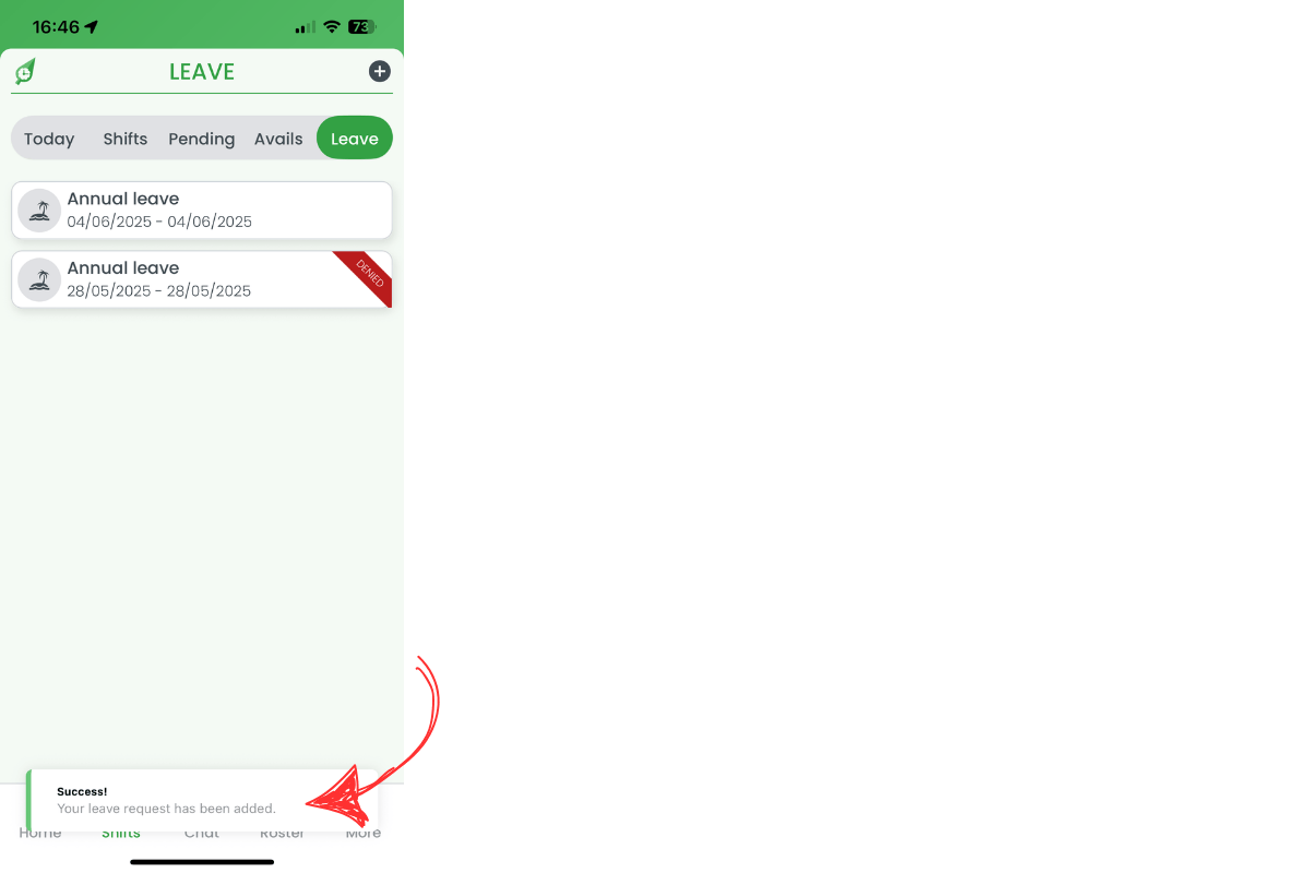 Success banner after leave request submission