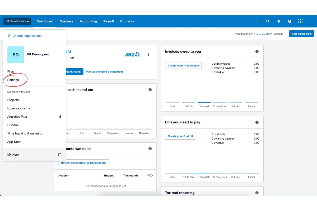 Screenshot of Xero main dashboard with the entity name dropdown