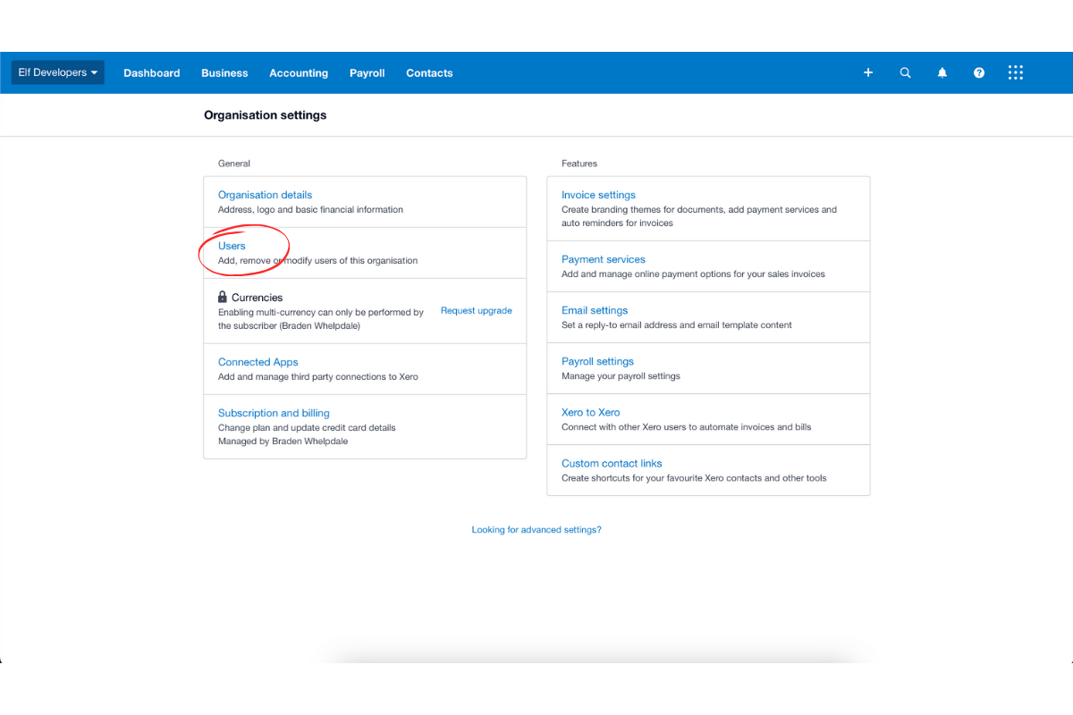 Screenshot highlighting the Users section in Xero Settings