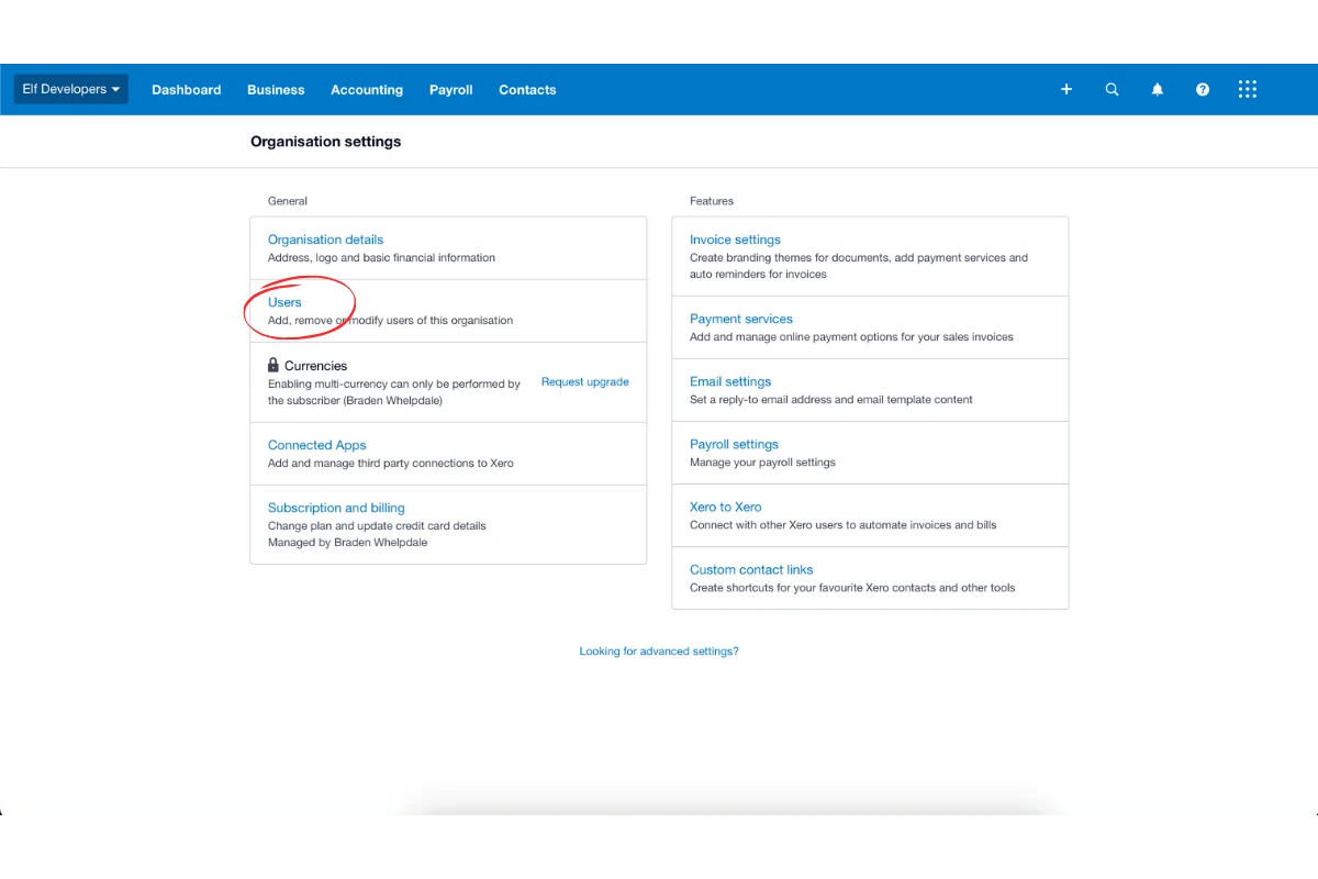 Screenshot of Xero Users settings page showing user permissions