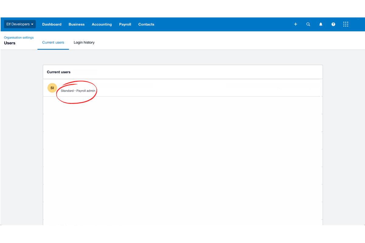 Screenshot showing a user in Xero with Payroll Admin permissions