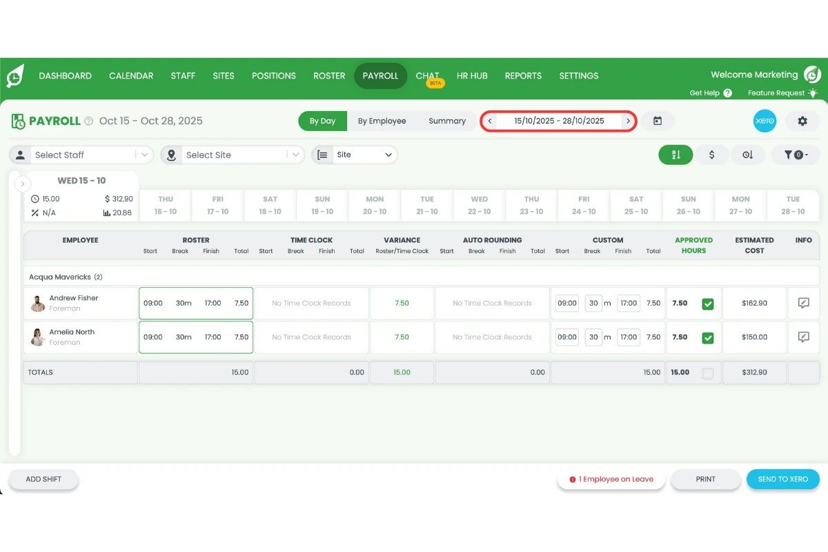 RosterElf Payroll page with the pay period date selector