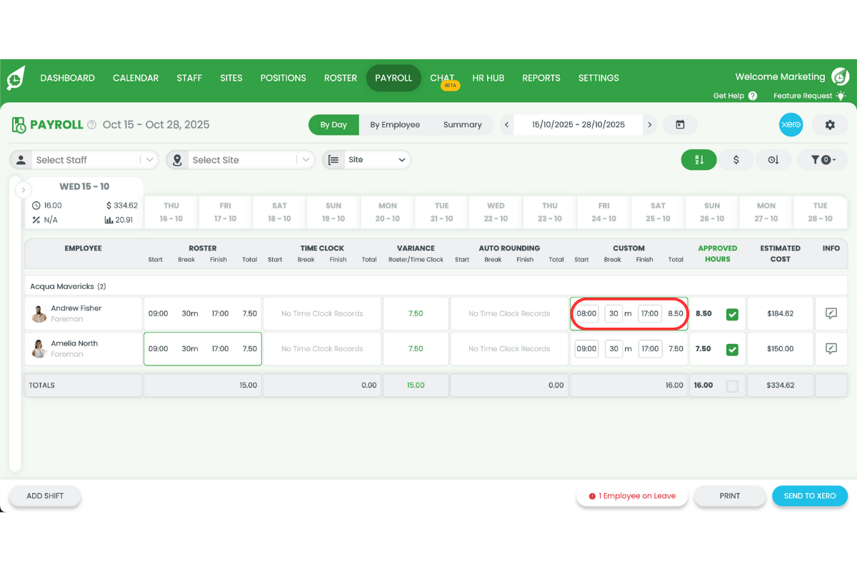 Payroll section in RosterElf