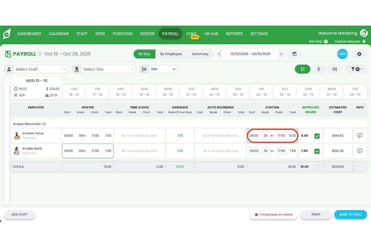 RosterElf Payroll page adjusting shifts and hours