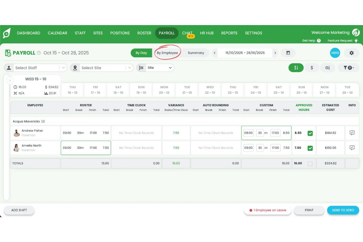 RosterElf Payroll with the View by employee option