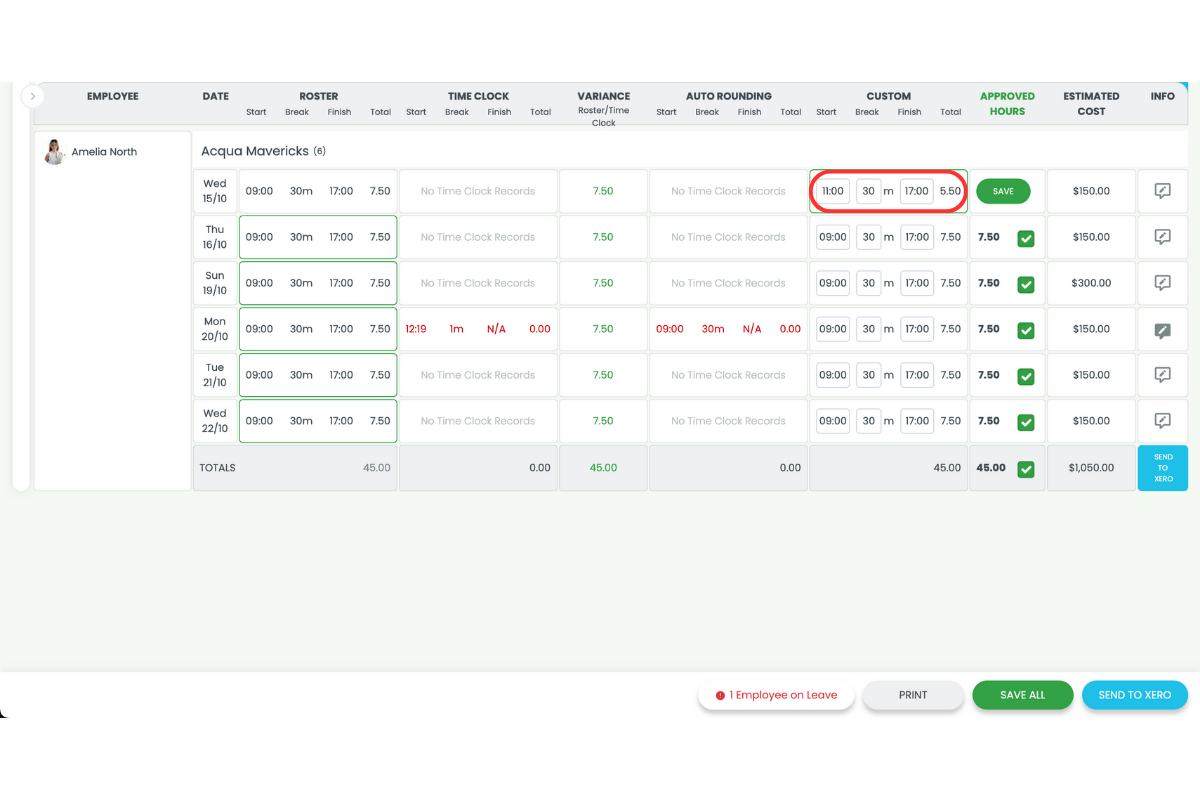 Payroll section in RosterElf