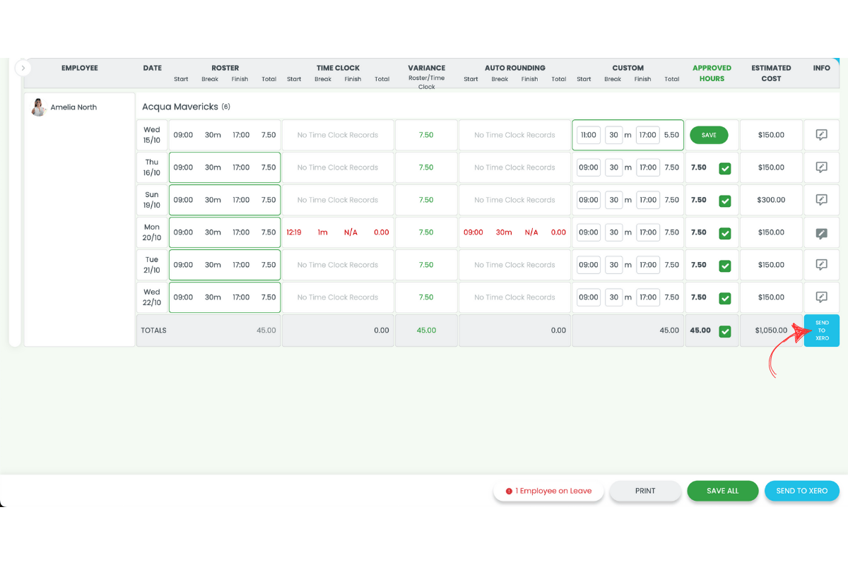 Payroll section in RosterElf