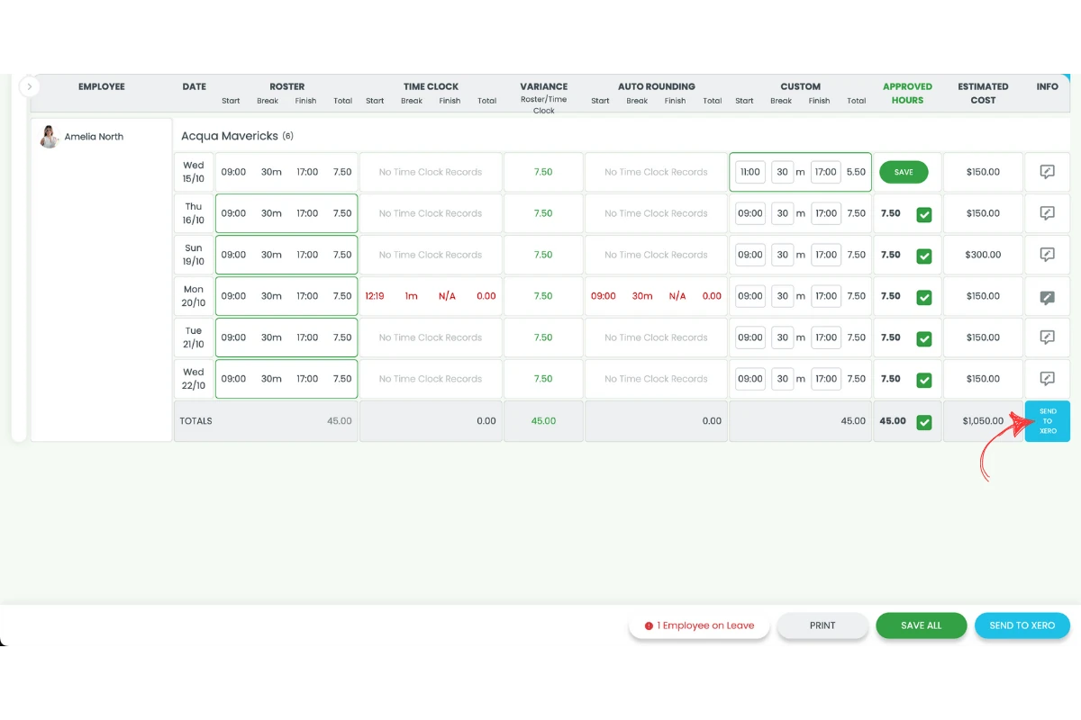 RosterElf payroll Send to Xero button for a single employee