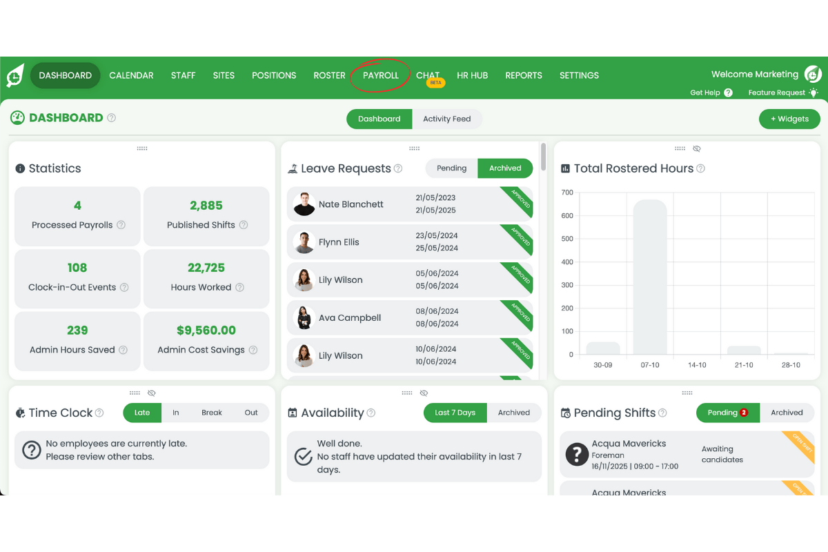 Payroll section in RosterElf