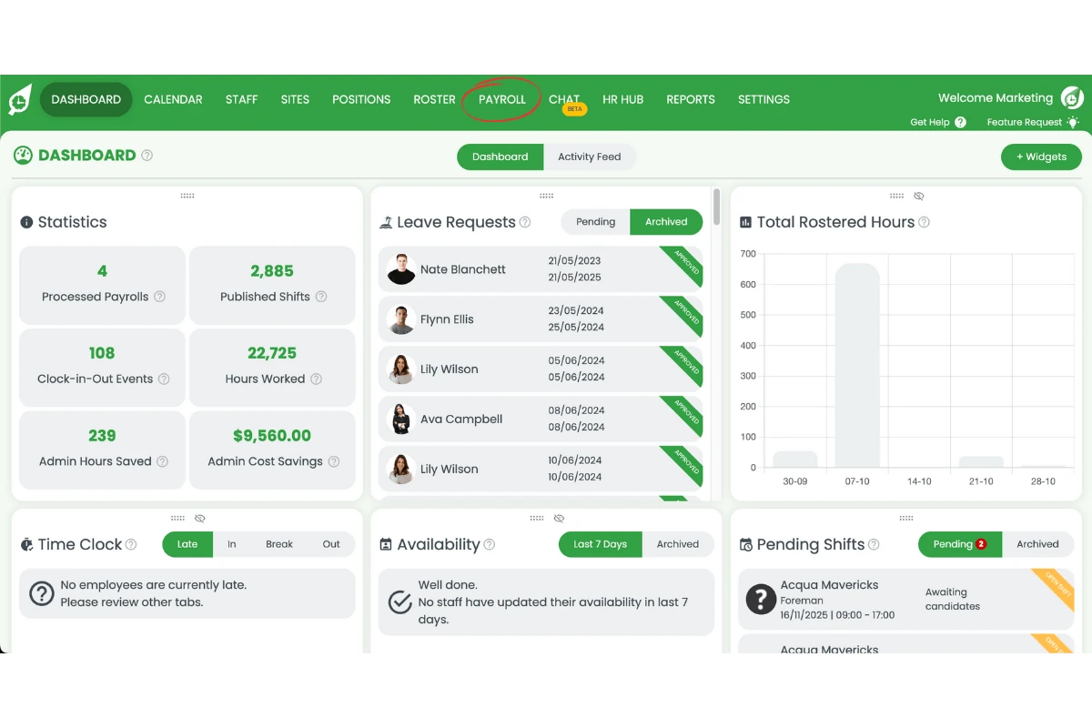 RosterElf Payroll page for reprocessing a pay run