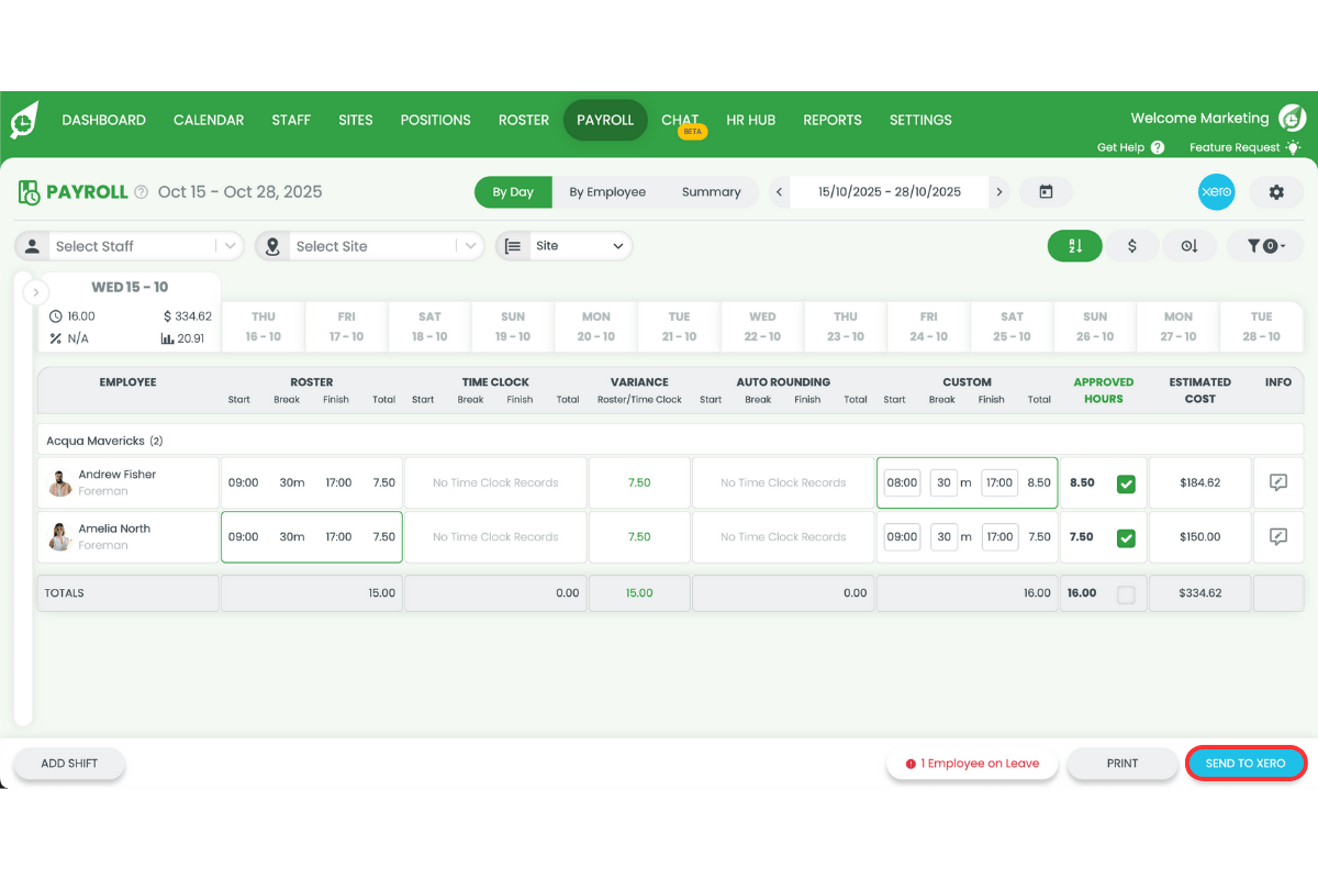 Payroll section in RosterElf