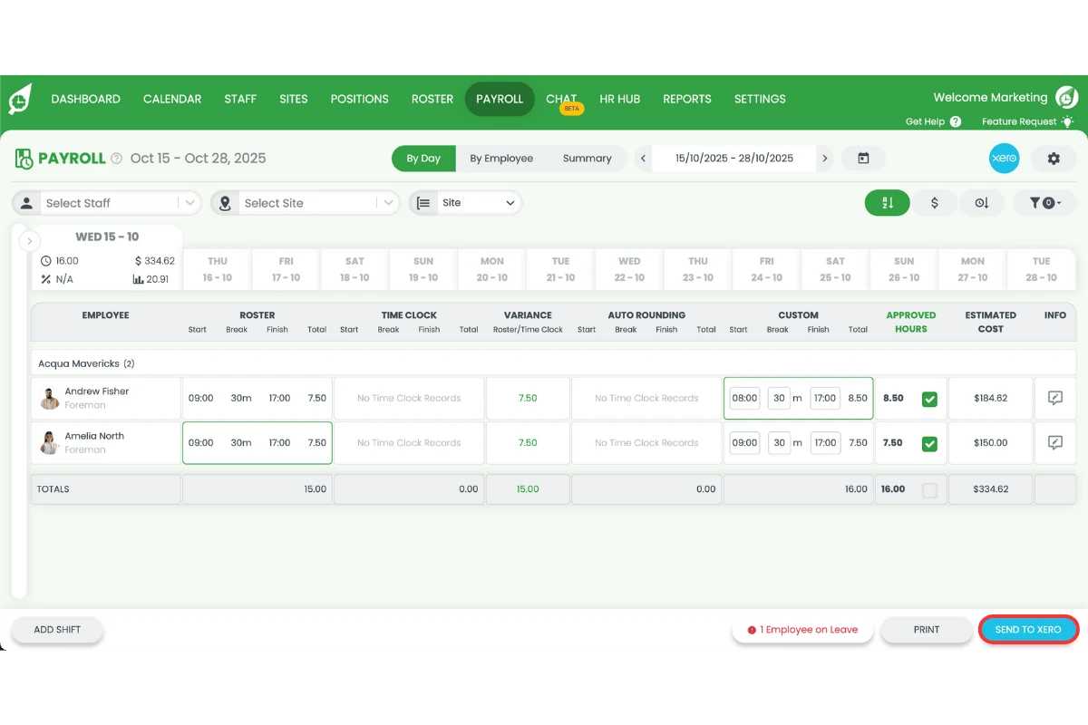 RosterElf Payroll with the Send to Xero button to reprocess payroll