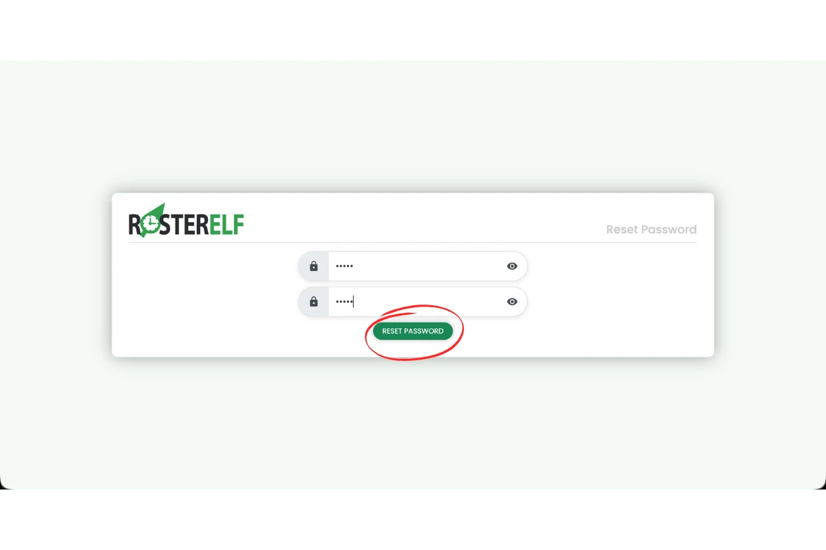 RosterElf reset password form with the Reset Password button circled in red
