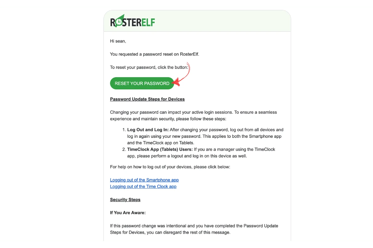 RosterElf password reset email with the Reset Your Password button highlighted by a red arrow