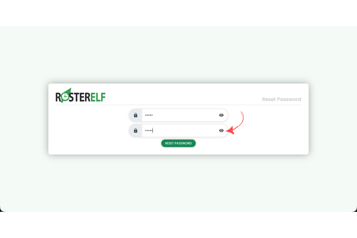 RosterElf reset password form with both password fields filled and a red arrow pointing to the Confirm Password field