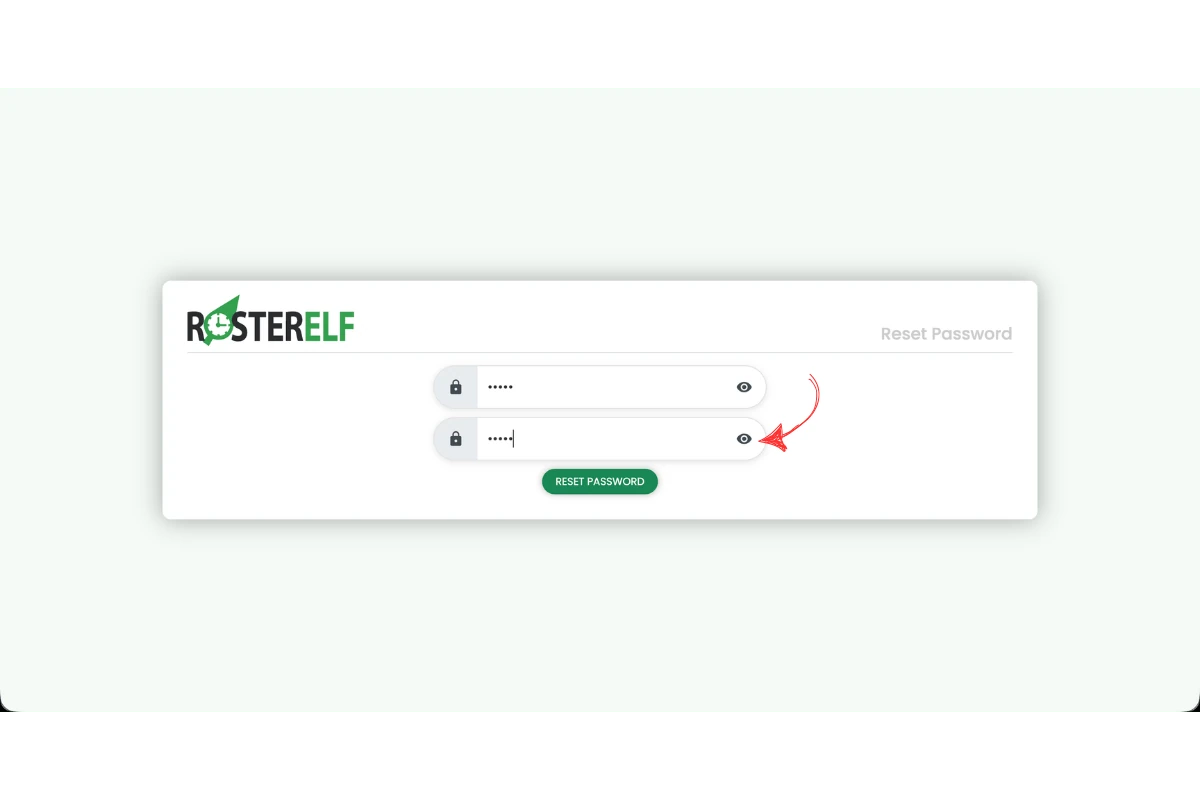 RosterElf reset password form with both password fields filled and a red arrow pointing to the Confirm Password field
