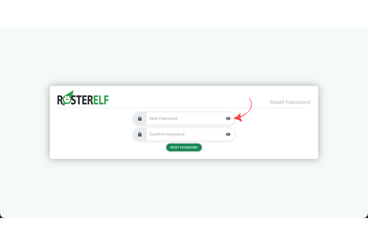 RosterElf reset password form with a red arrow pointing to the New Password input field