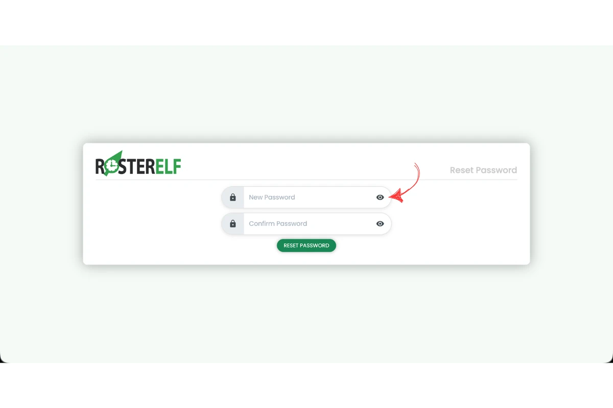 RosterElf reset password form with a red arrow pointing to the New Password input field
