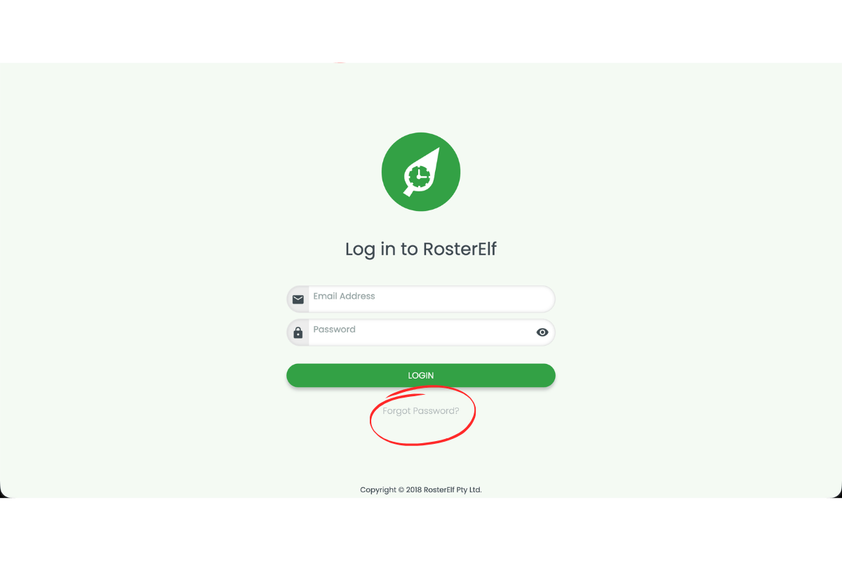 RosterElf login screen with the Forgot Password link circled in red below the Login button