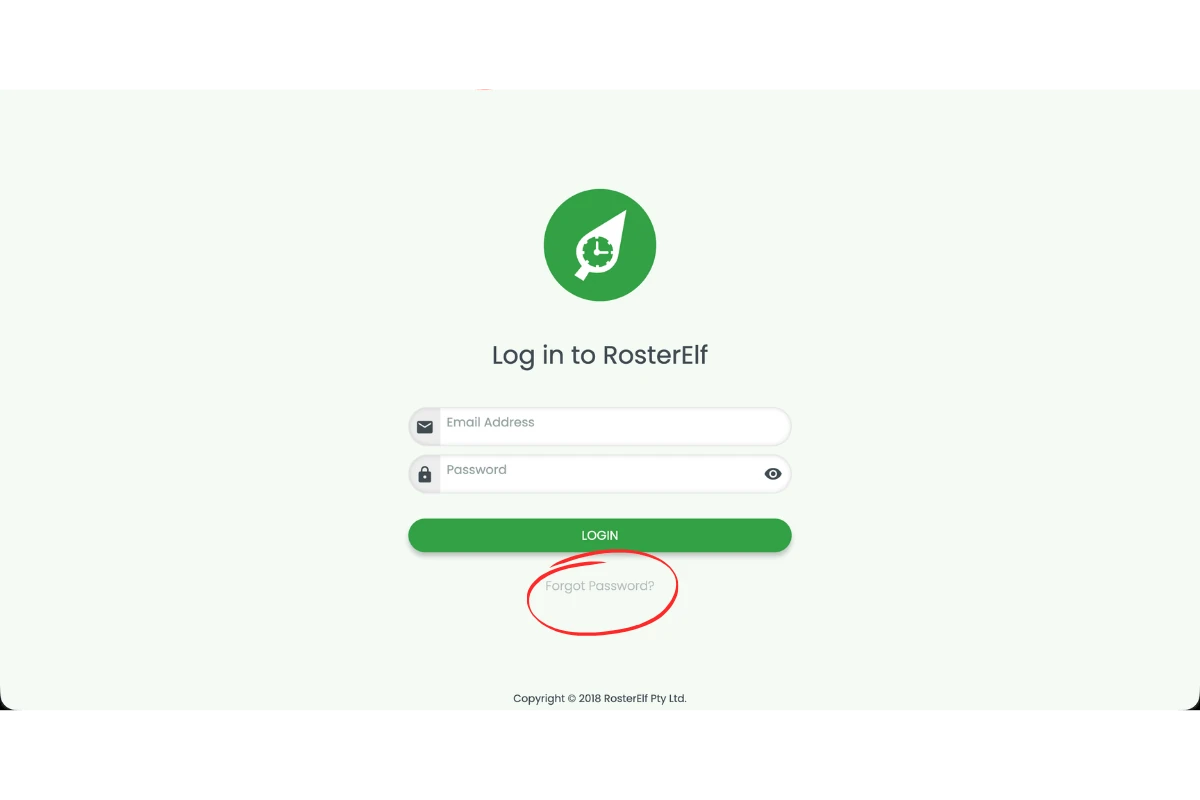 RosterElf login screen with the Forgot Password link circled in red below the Login button
