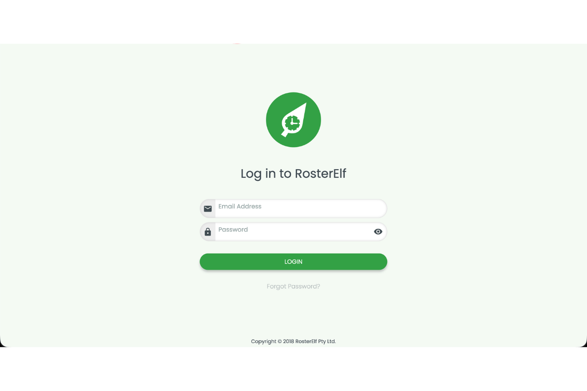 RosterElf login screen showing the email address and password fields with the Login button