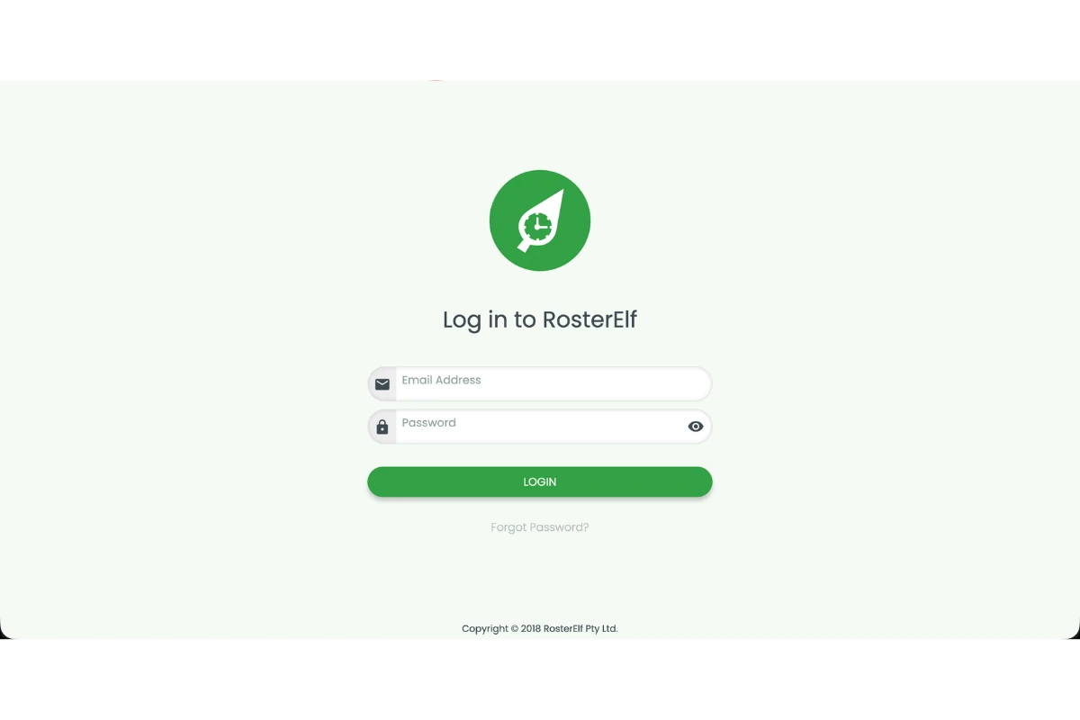 RosterElf login screen showing the email address and password fields with the Login button