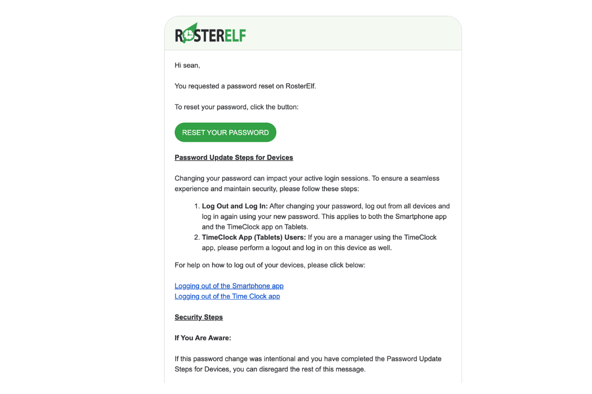 RosterElf password reset email showing the Reset Your Password button and password update instructions